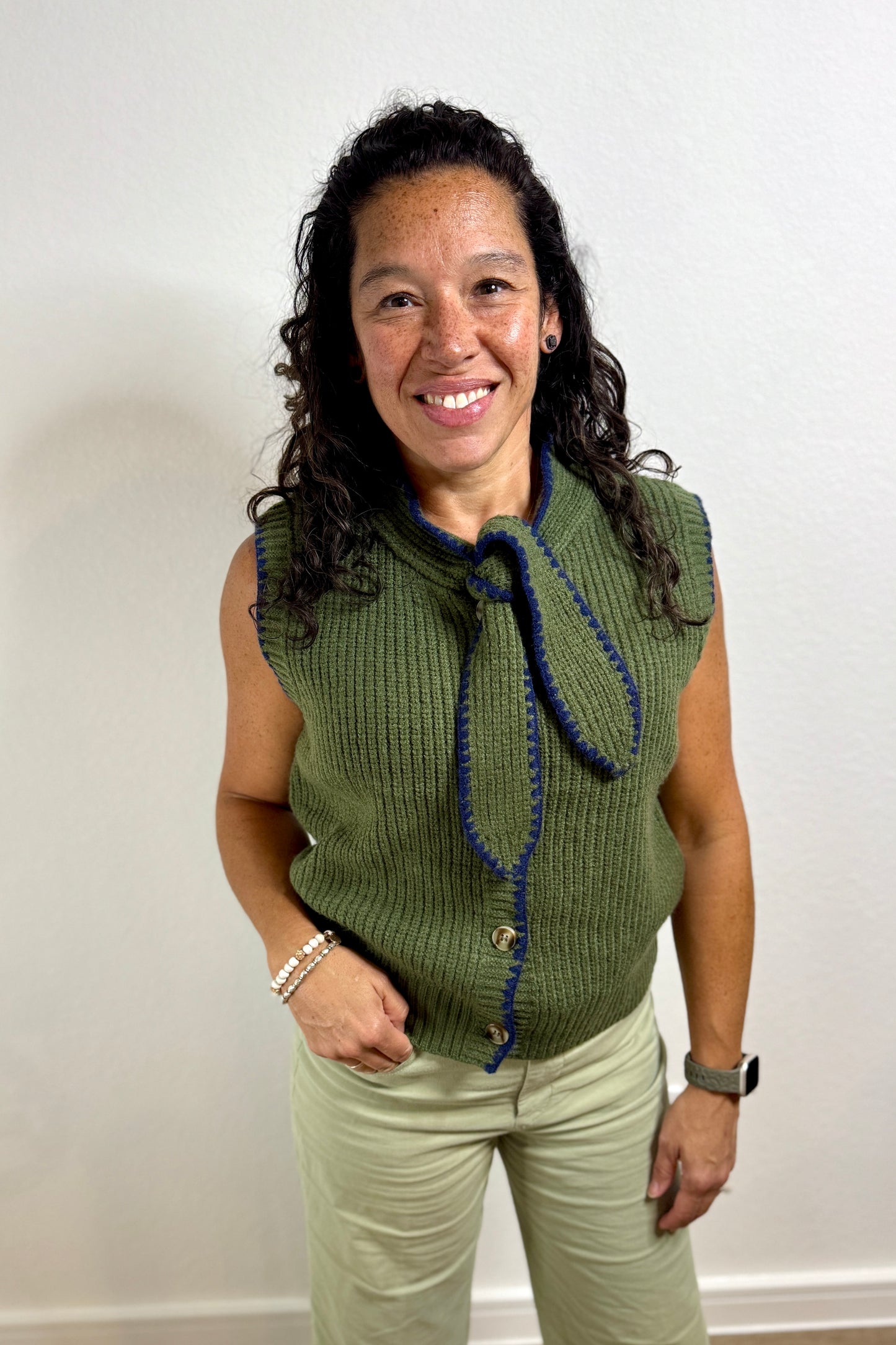 "All Tied Up" Sleeveless Sweater (Olive)