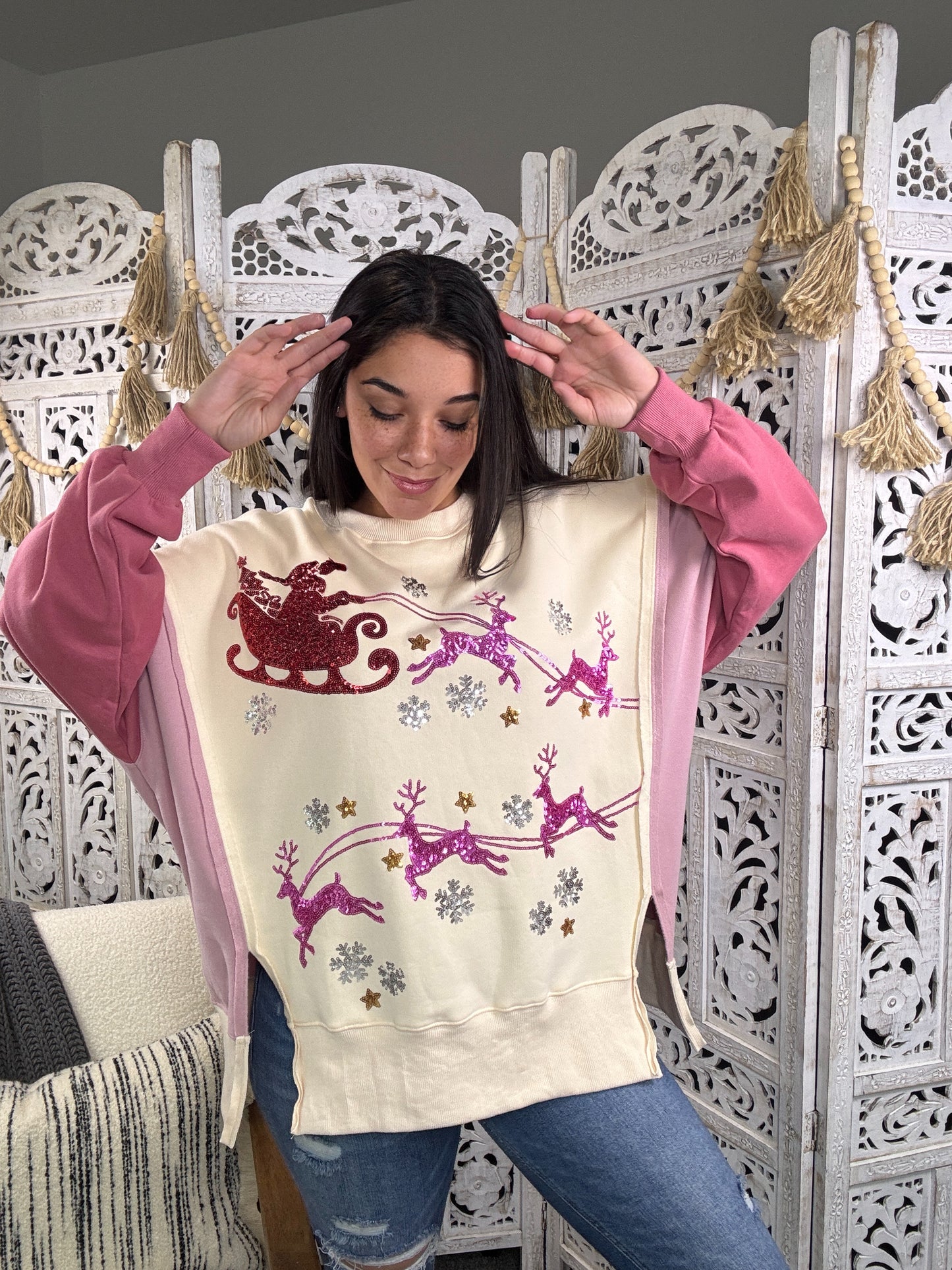 "Santa's Coming To Town" Sweater (Cream/Mauve)