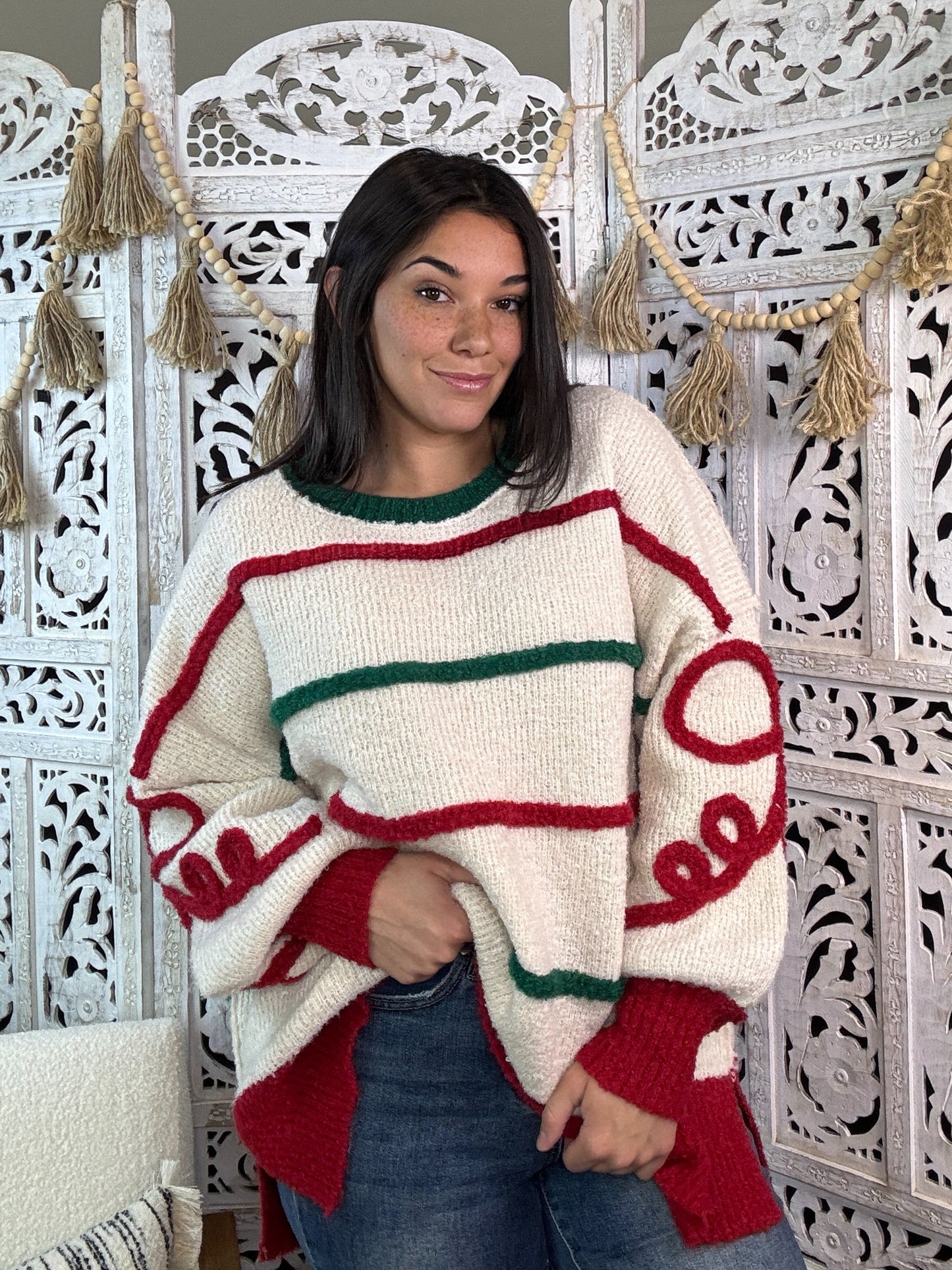 "Bow & Braid" Sweater (Ivory/Red/Green)