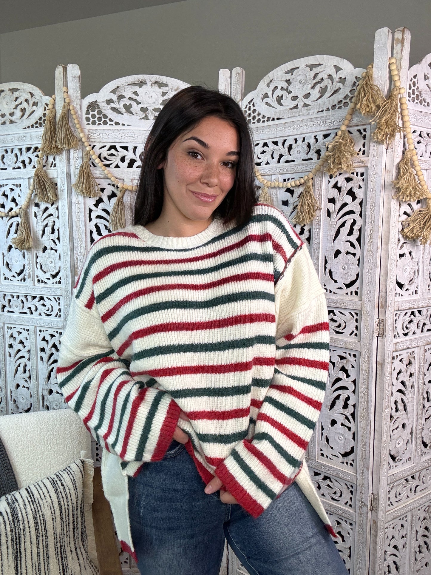 "Cozy In Stripes" Sweater (Ivory/Red/Green)