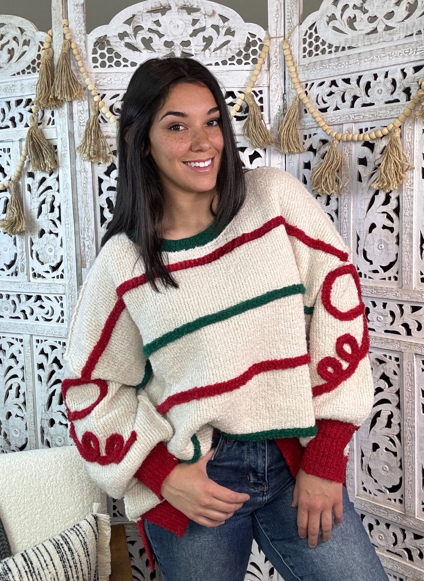 "Bow & Braid" Sweater (Ivory/Red/Green)
