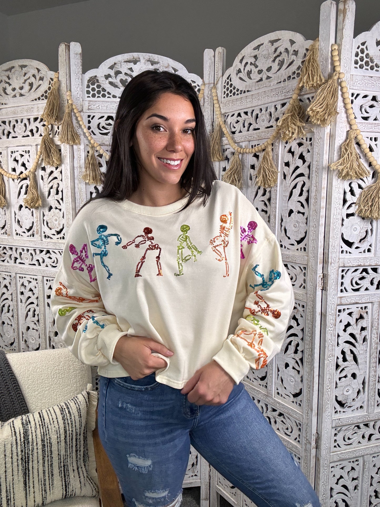 "Dancing Skeletons" Cropped Sweatshirt (Cream)