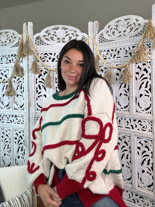 "Bow & Braid" Sweater (Ivory/Red/Green)