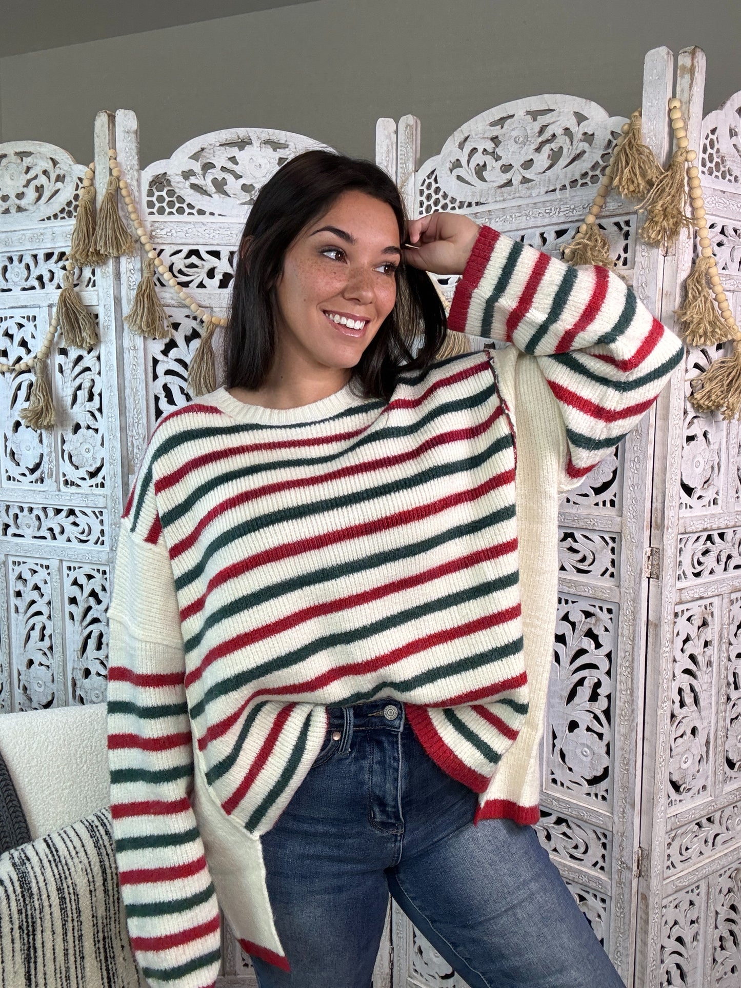 "Cozy In Stripes" Sweater (Ivory/Red/Green)