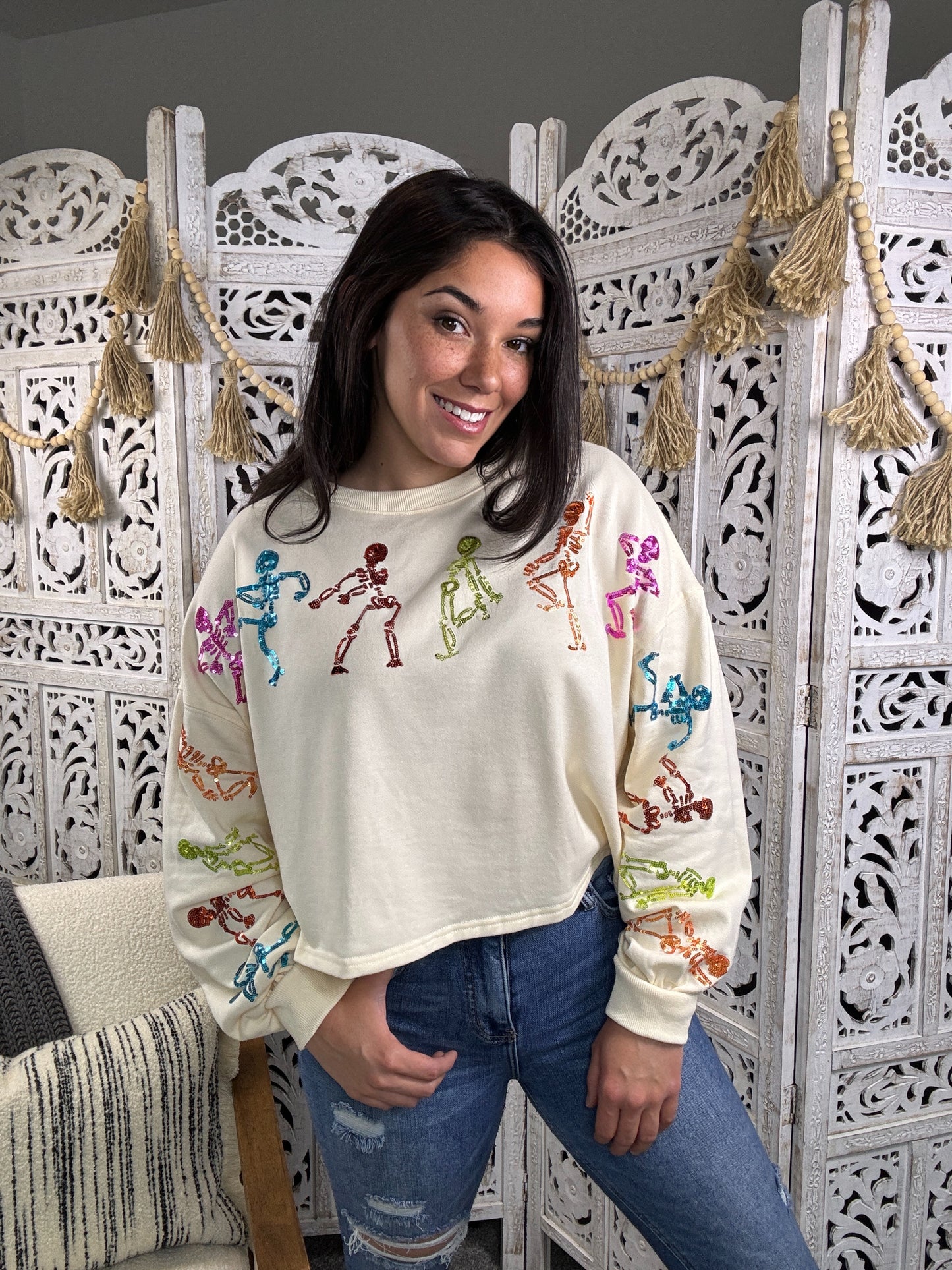 "Dancing Skeletons" Cropped Sweatshirt (Cream)