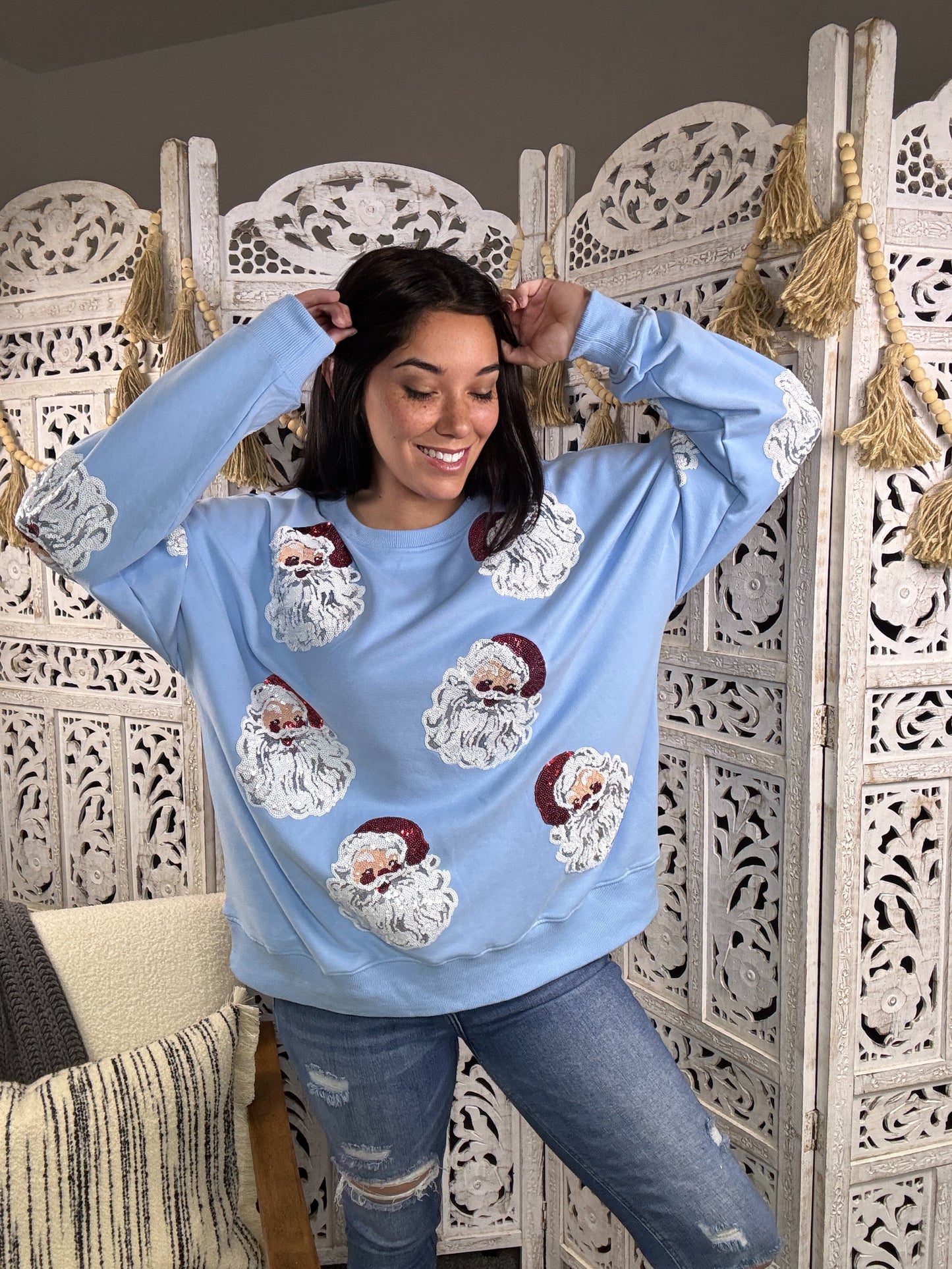 "Santa Baby" Sequins Sweatshirt (Light Blue)