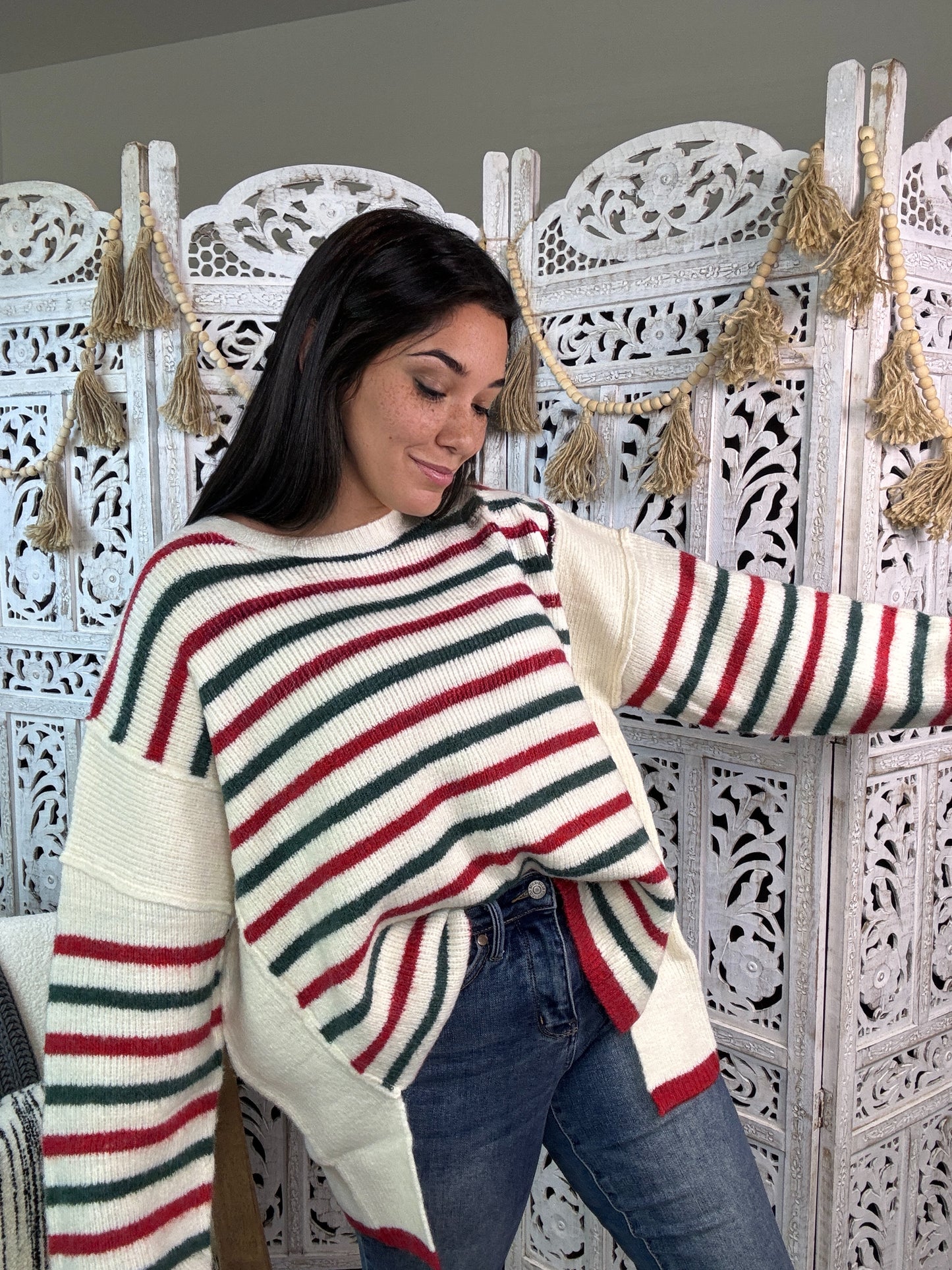 "Cozy In Stripes" Sweater (Ivory/Red/Green)