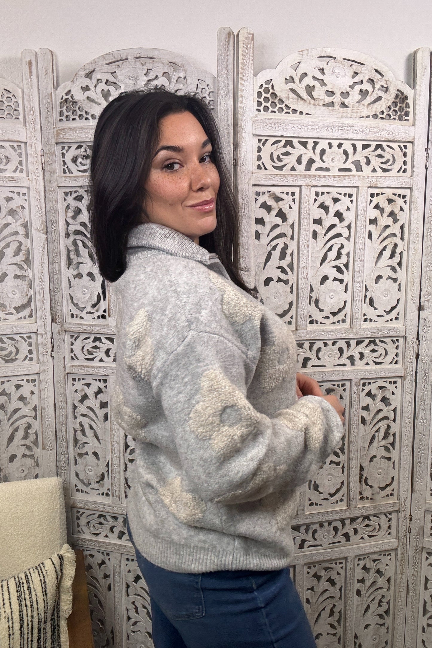 “Floral Whisper” Sweater (Grey/Taupe)