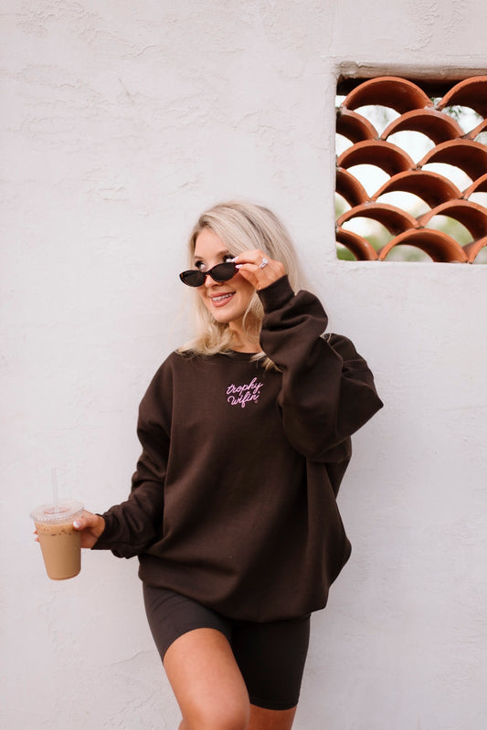 Trophy Wifin' Crewneck Sweatshirt (Espresso/Pink)