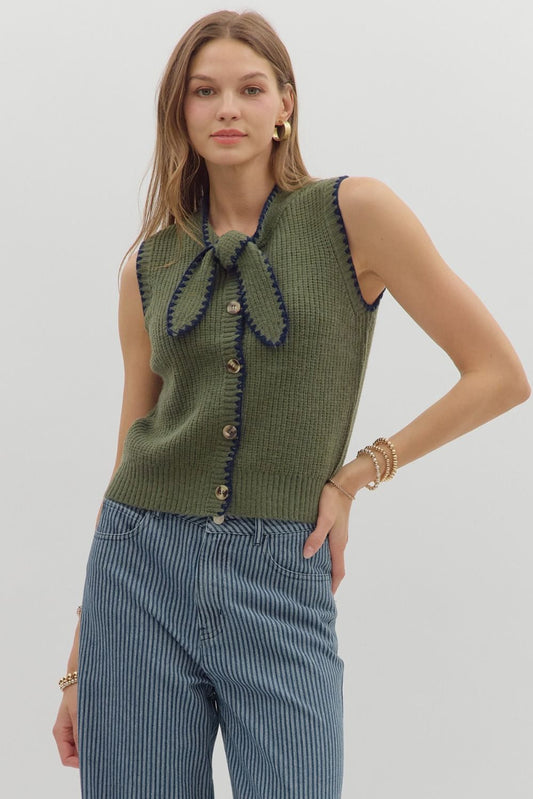 "All Tied Up" Sleeveless Sweater (Olive)