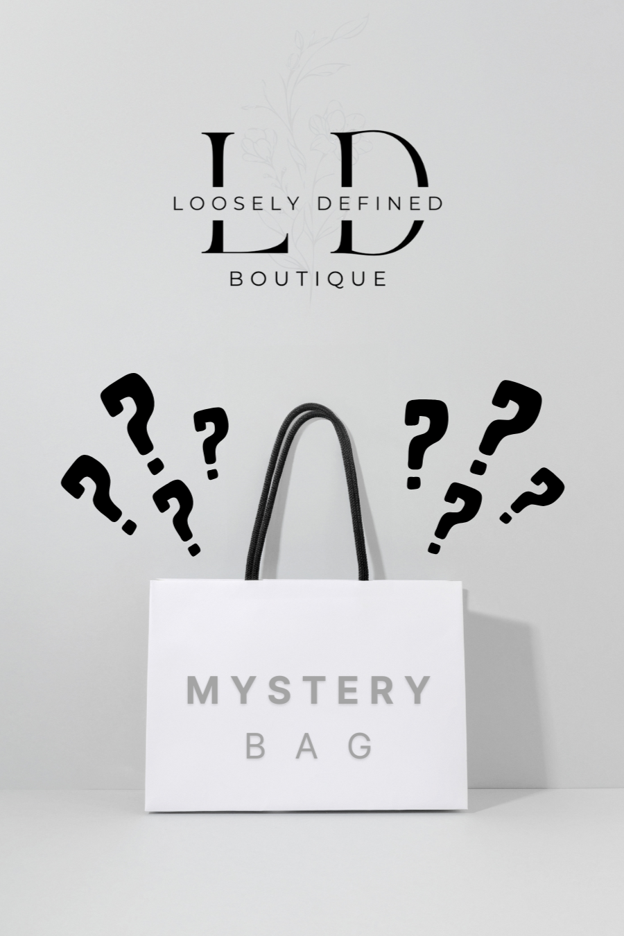 Mystery bag with question marks and 'Loosely Defined Boutique' branding on a light gray background
